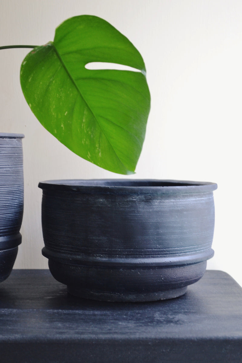 Dark Grey / Black Lined Concrete Planter - Two Sizes Available