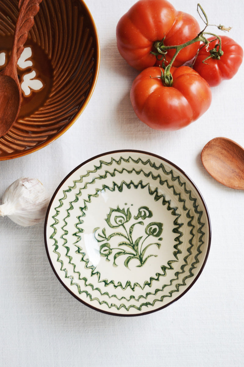 Hand Painted Cream and Green Bowl