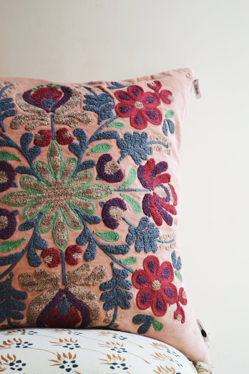 Peach Embroidered Velvet Cushion