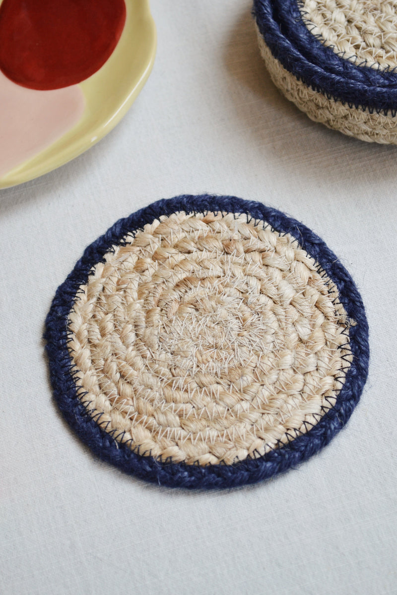 Set of Six Jute Dark Blue Coasters