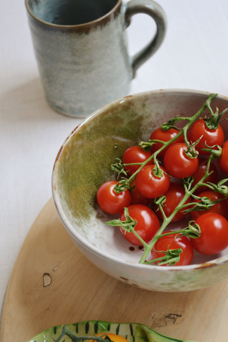Green and Off White Stoneware Bowl
