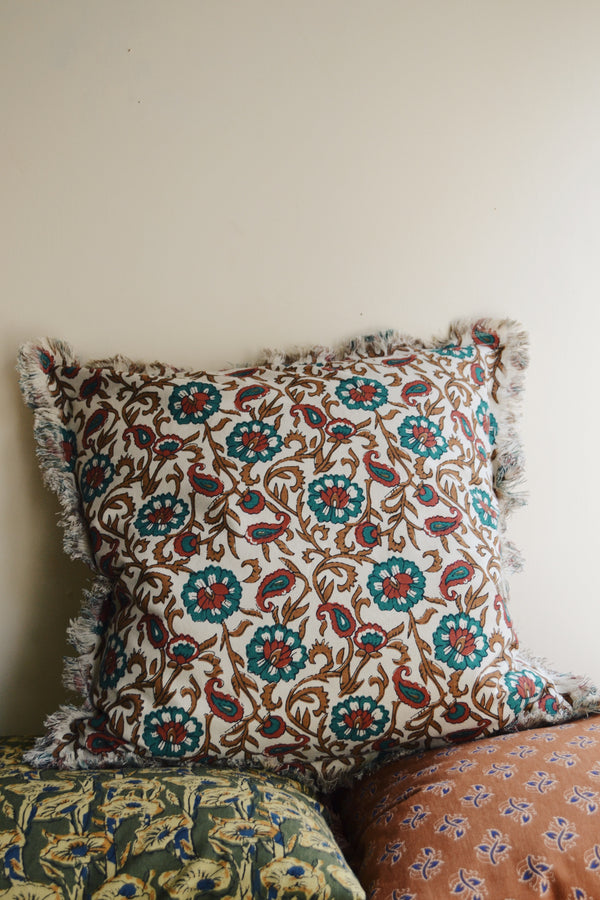 Beige and Green Floral Printed Cushion
