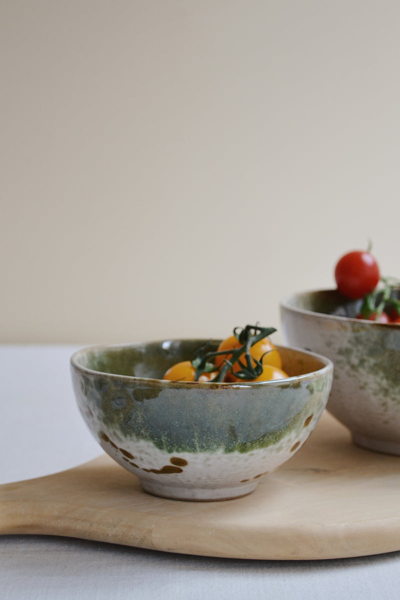 Green and Off White Stoneware Small Bowl