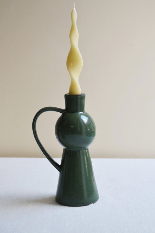 Green Stoneware Candlestick Holder with Handle - Three Sizes Available