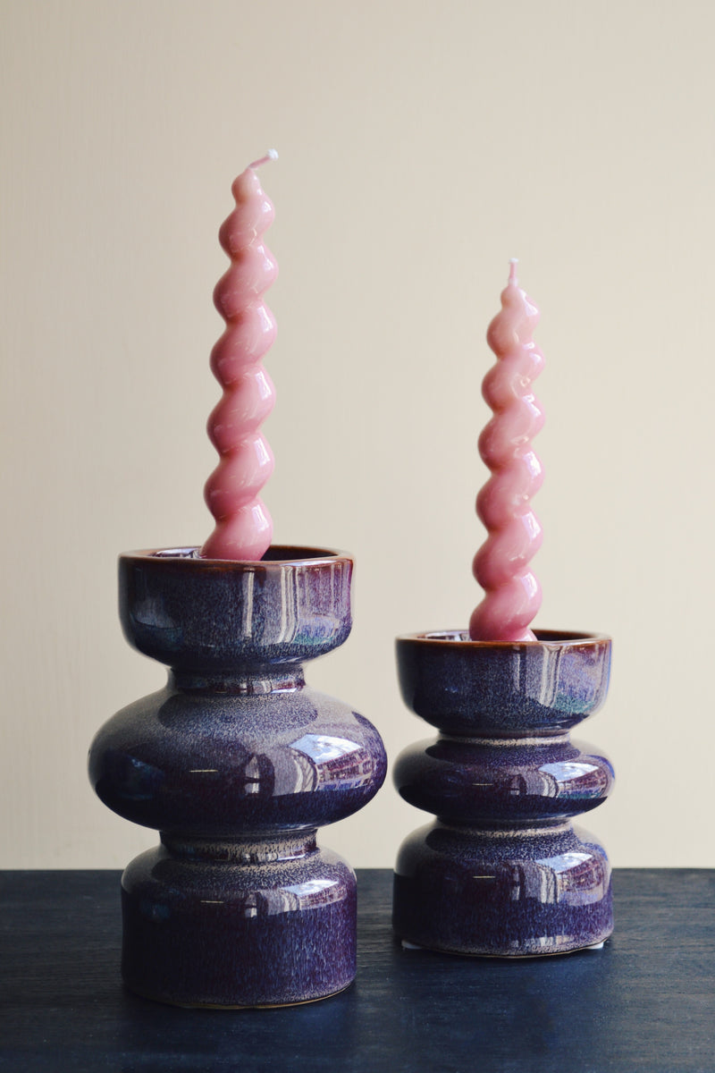 Set of Two Plum Ceramic Candlestick Holders