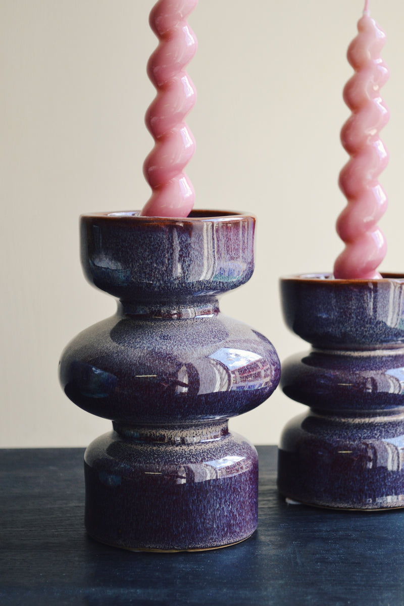 Set of Two Plum Ceramic Candlestick Holders