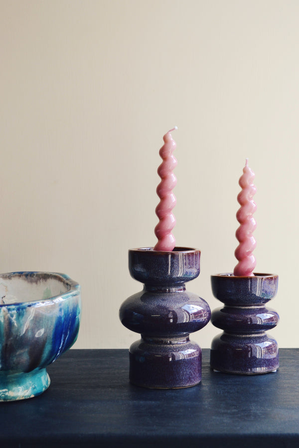 Set of Two Plum Ceramic Candlestick Holders
