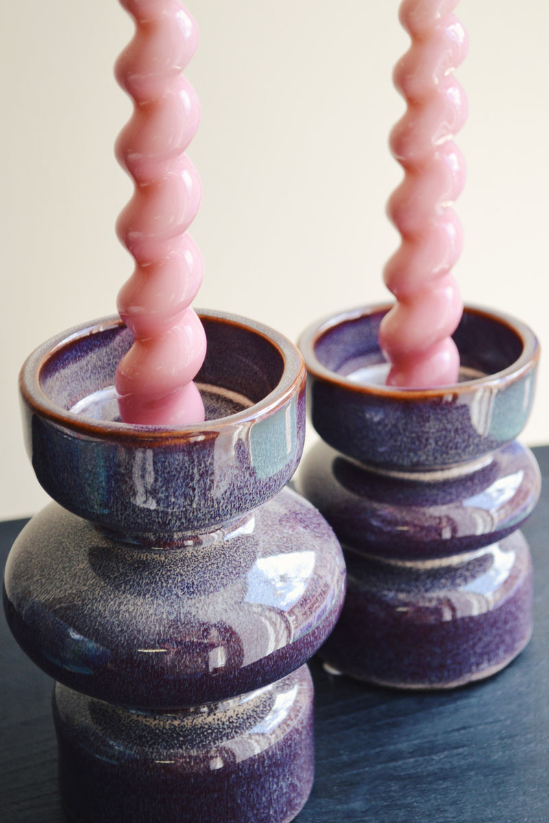 Set of Two Plum Ceramic Candlestick Holders