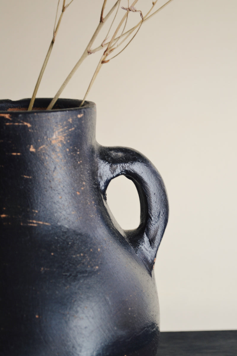 Dark Brown /  Black Earthenware Vase with Handles