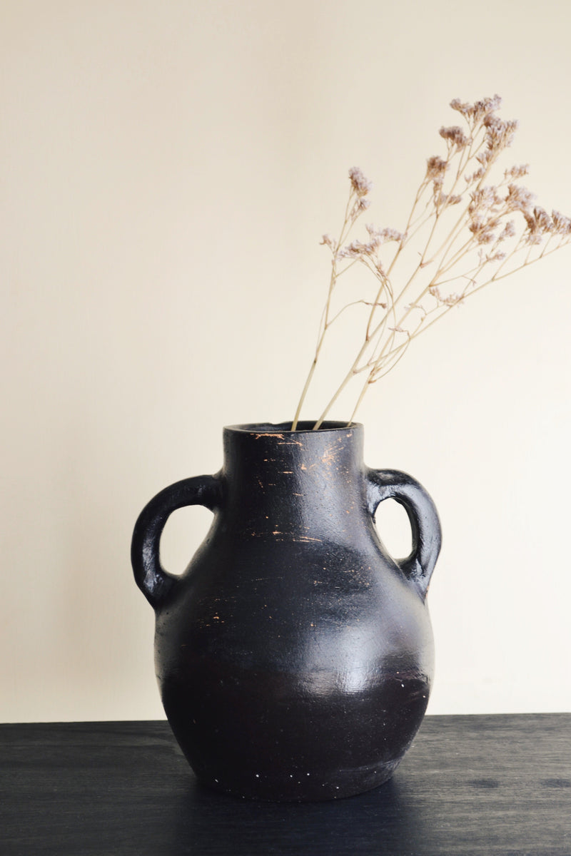 Dark Brown /  Black Earthenware Vase with Handles
