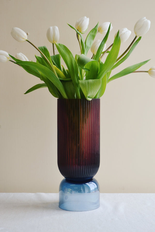 Burgundy and Blue Ribbed Glass Vase