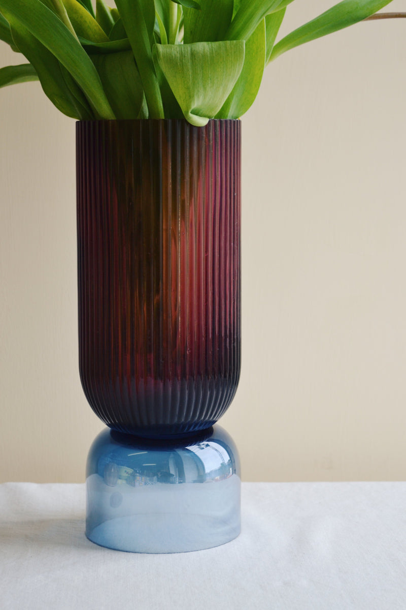Burgundy and Blue Ribbed Glass Vase
