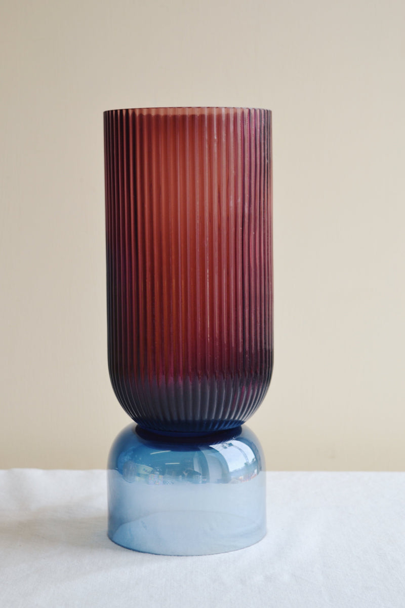 Burgundy and Blue Ribbed Glass Vase