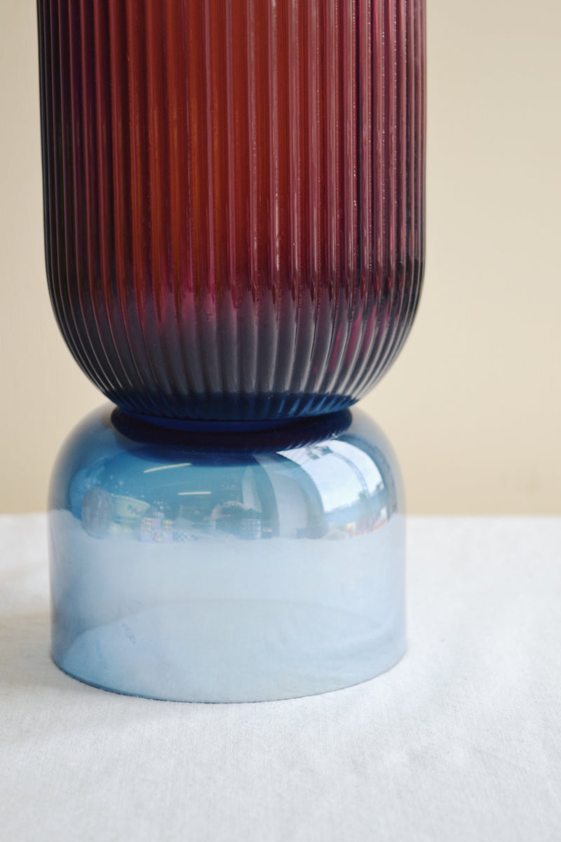 Burgundy and Blue Ribbed Glass Vase