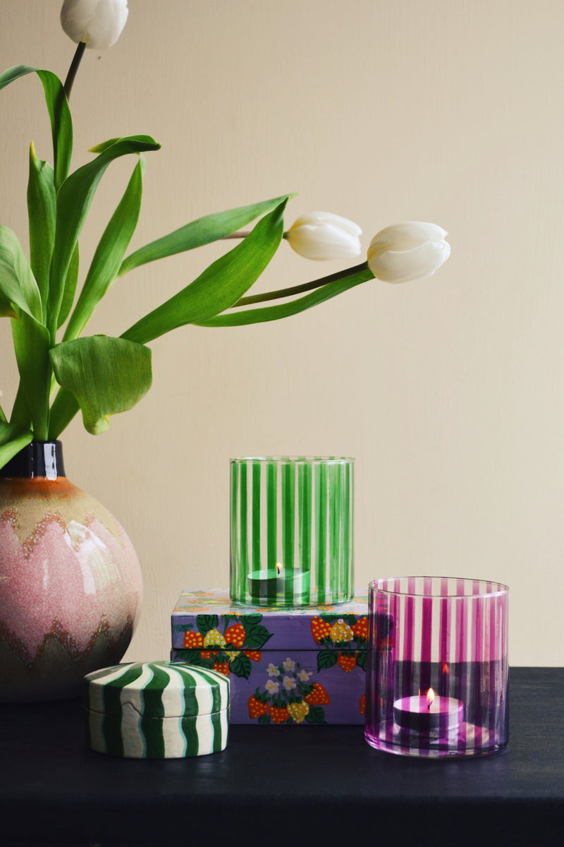 Candy Striped Glass Tea Light Holder - Two Colours Available