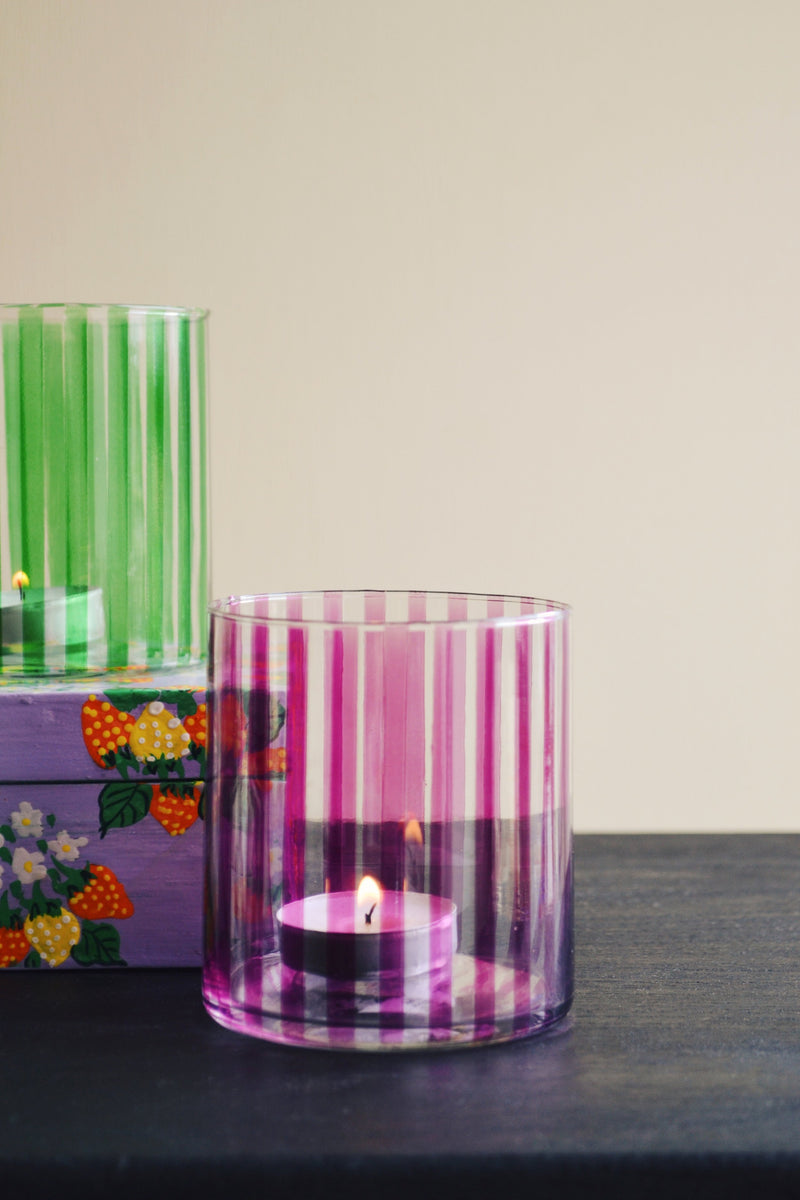 Candy Striped Glass Tea Light Holder - Two Colours Available