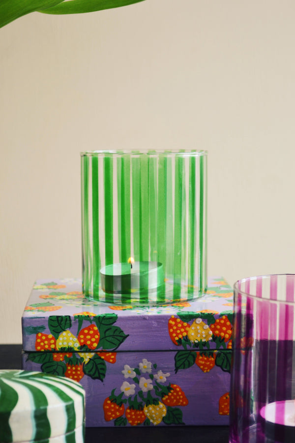 Candy Striped Glass Tea Light Holder - Two Colours Available