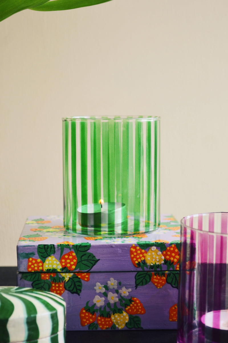 Candy Striped Glass Tea Light Holder - Two Colours Available