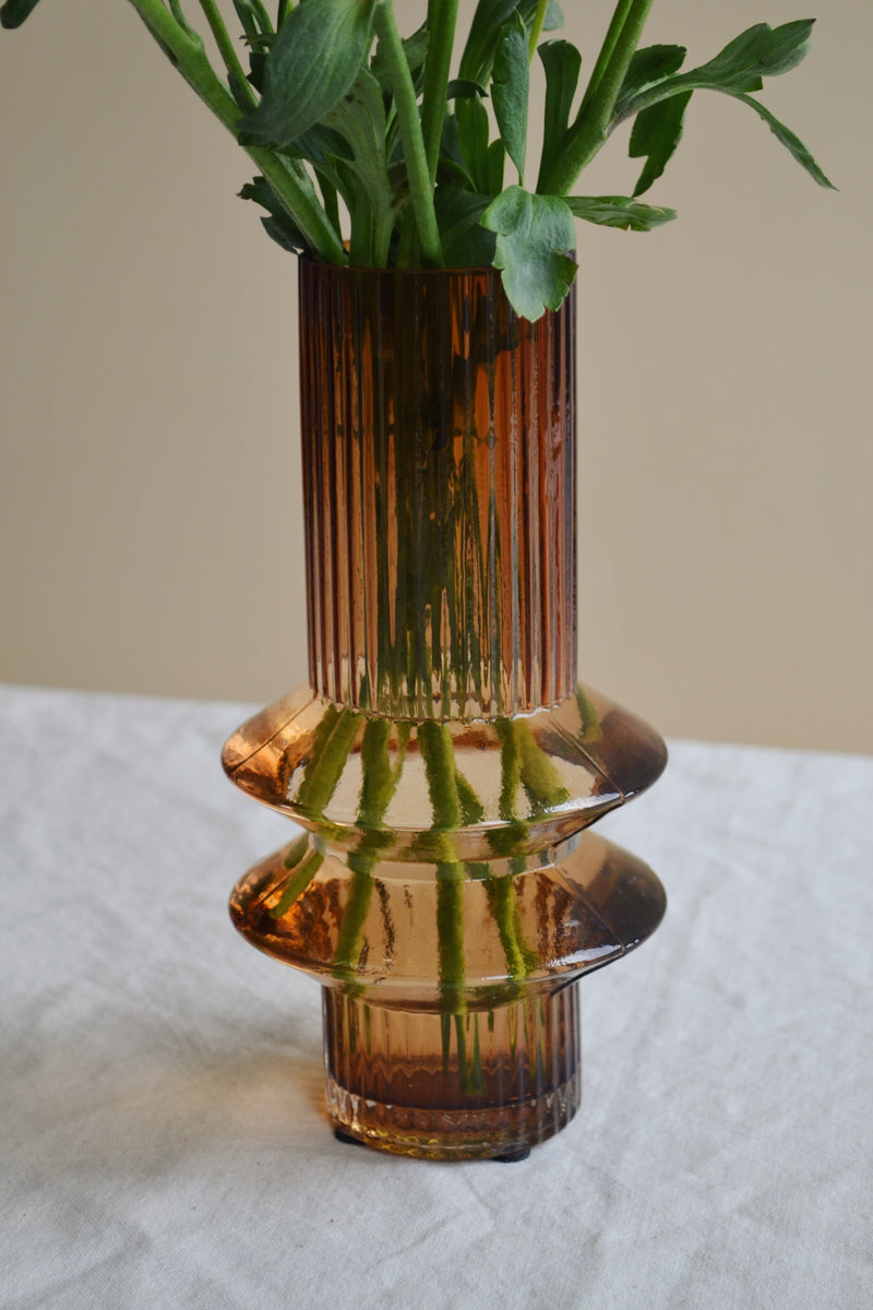 Small Amber Ribbed Glass Vase