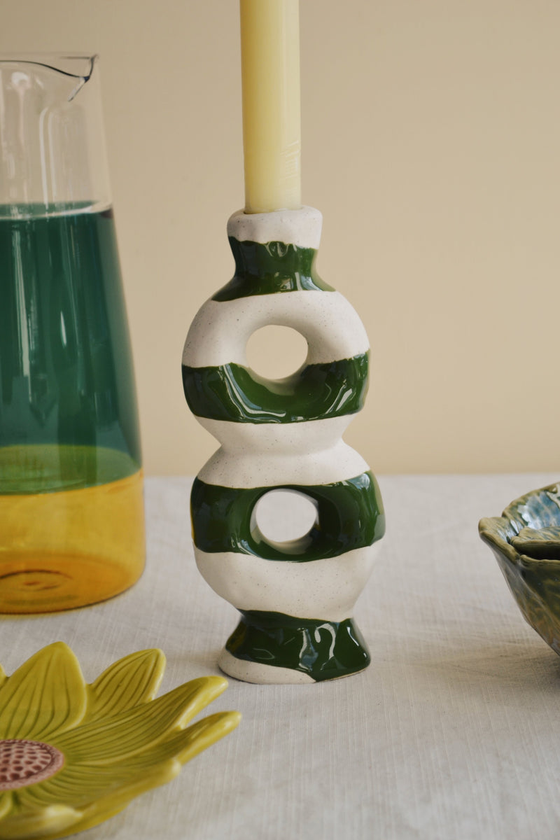Green and White Striped Loop Candle Holder