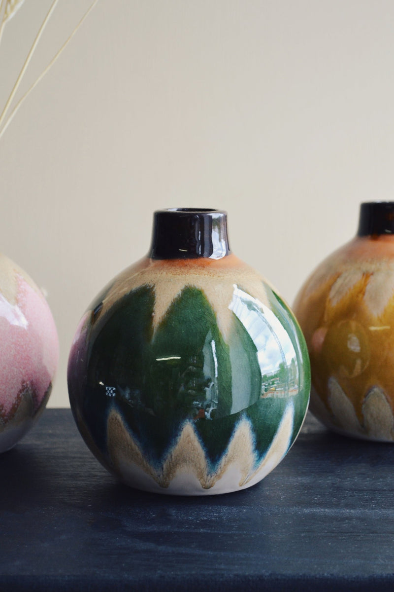 Round Glazed Stoneware Vase - Three Colours Available