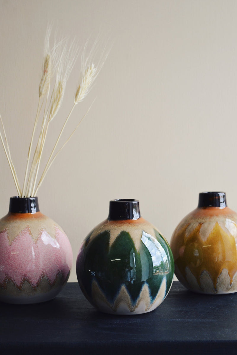 Round Glazed Stoneware Vase - Three Colours Available
