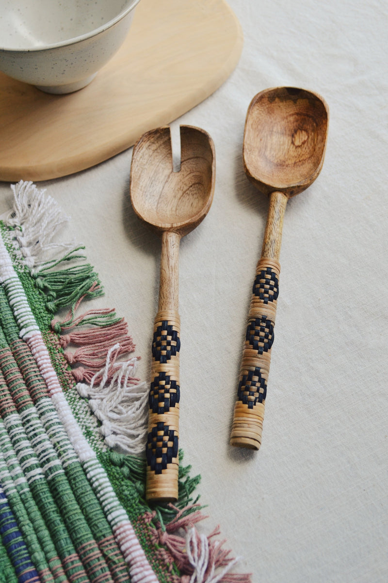 Wooden Salad Set Servers With Bamboo