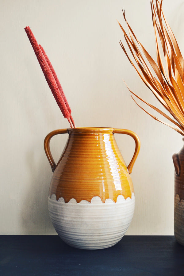 Mustard Glazed Stoneware Vase with Handles
