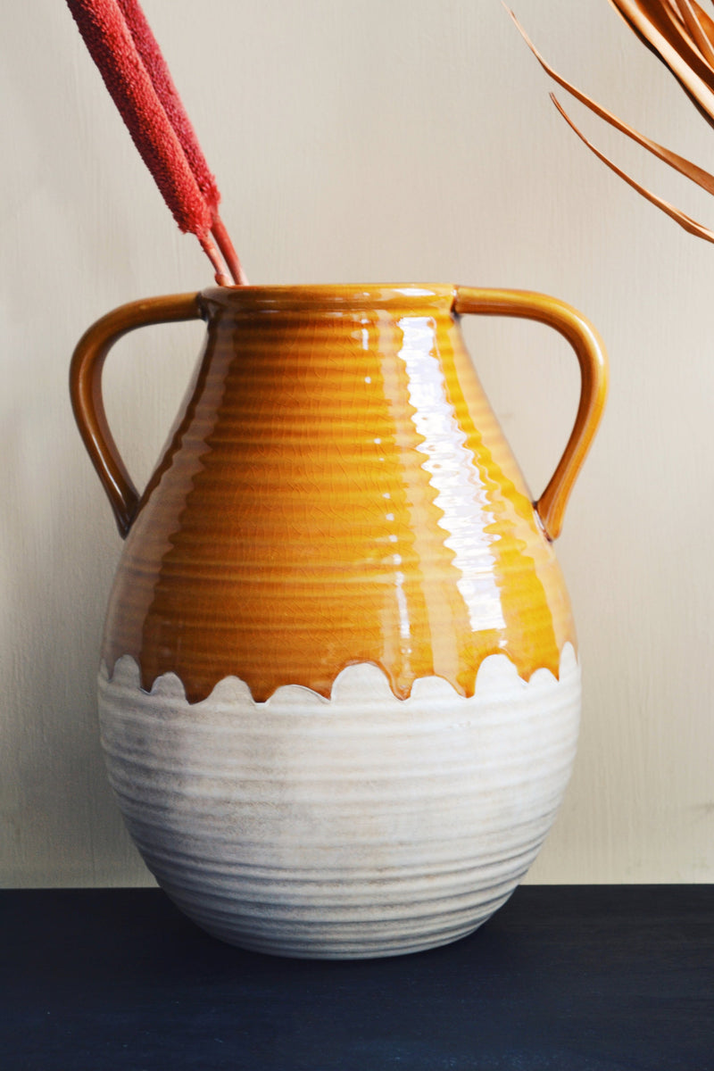 Mustard Glazed Stoneware Vase with Handles