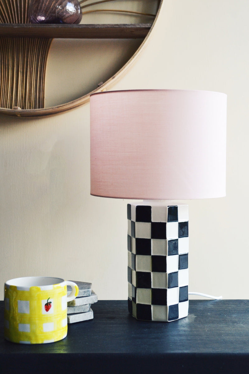 Black White Check Ceramic Lamp with Pink Shade