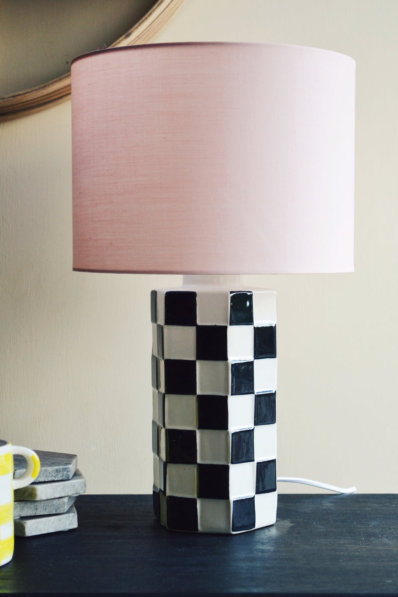 Black White Check Ceramic Lamp with Pink Shade