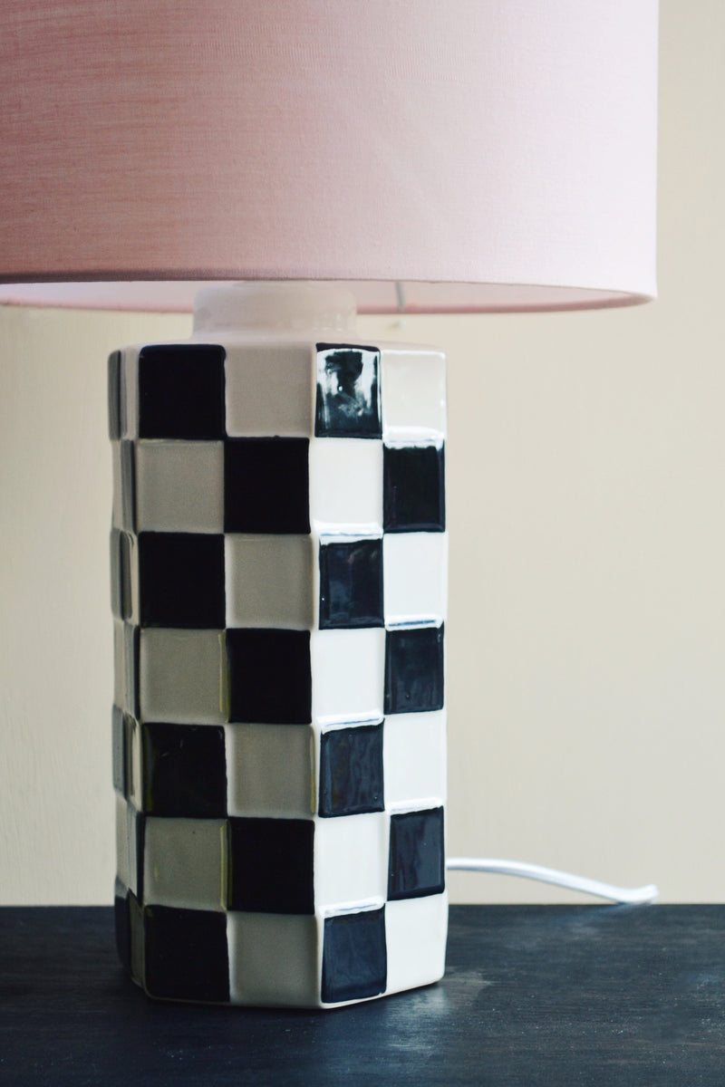Black White Check Ceramic Lamp with Pink Shade