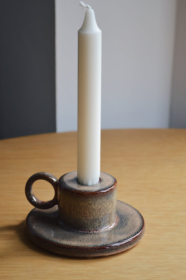 Brown Ceramic Candlestick Holder with Handle