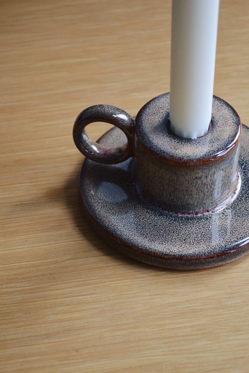 Brown Ceramic Candlestick Holder with Handle