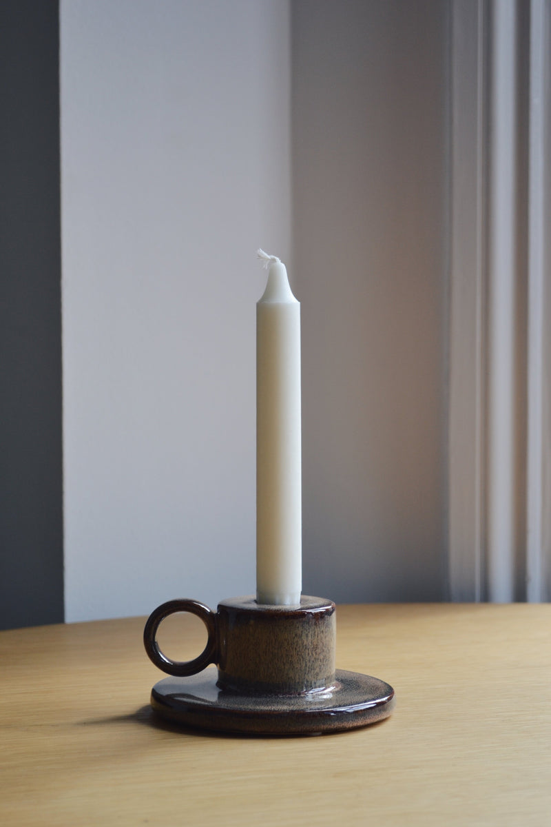 Brown Ceramic Candlestick Holder with Handle