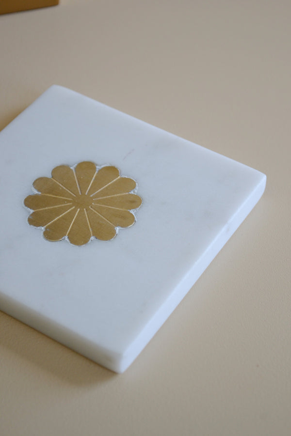White Marble Coaster with Brass Daisy