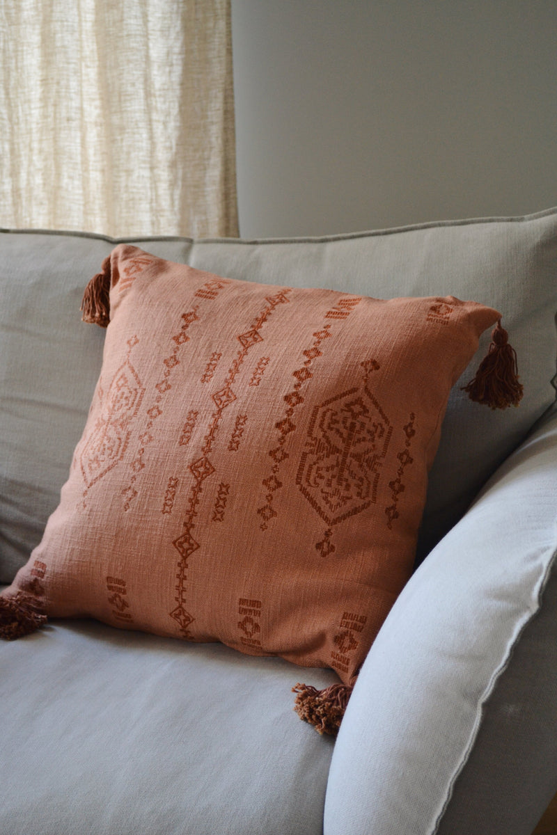 Coral Embroidered Cushion with Tassels