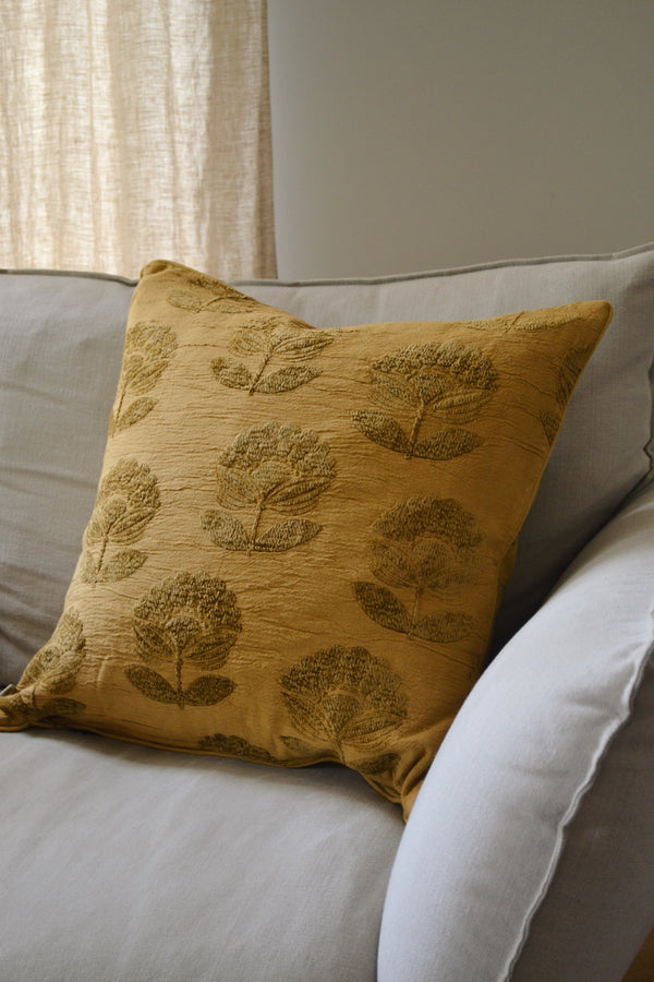 Mustard Velvet Floral Patterned Cushion