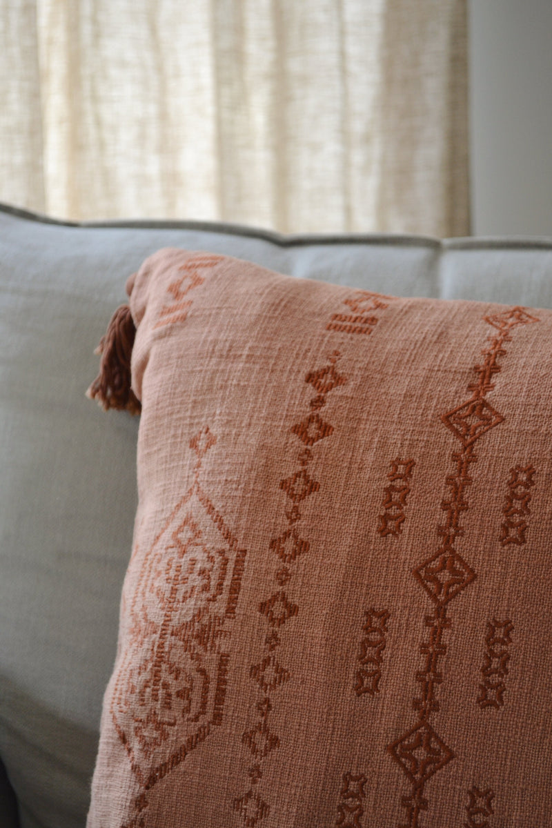 Coral Embroidered Cushion with Tassels