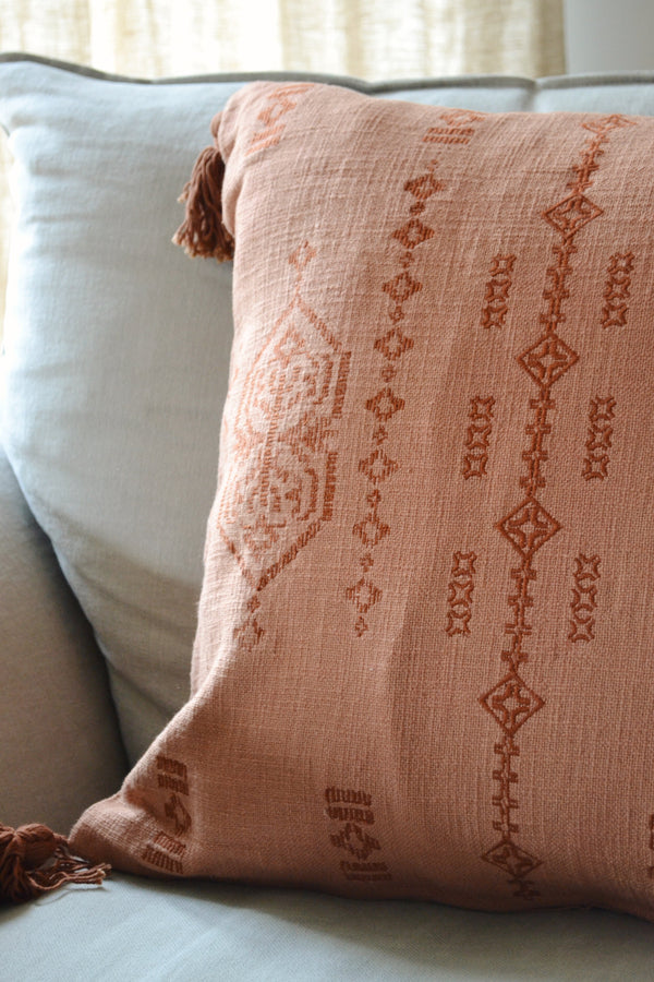 Coral Embroidered Cushion with Tassels