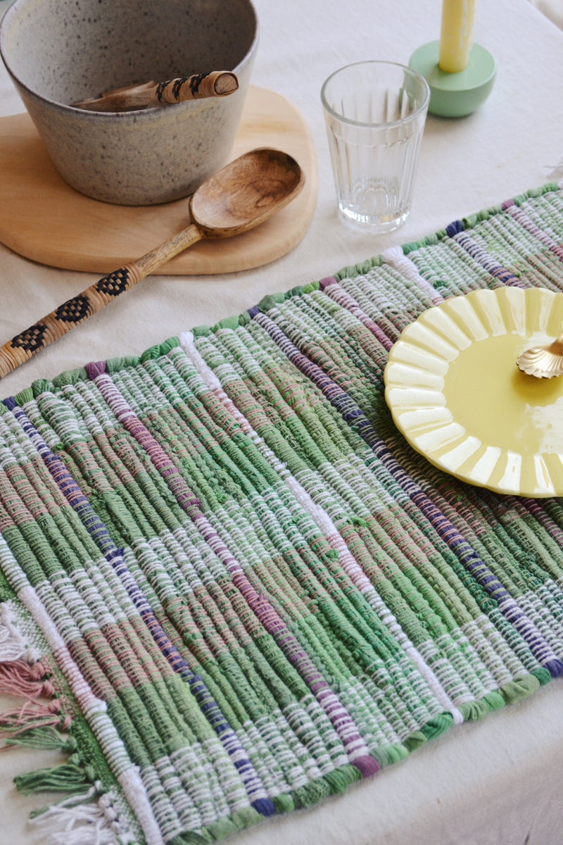 Handwoven Cotton Placemat - Green, Purple & Off White