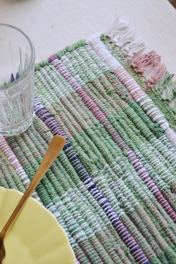 Handwoven Cotton Placemat - Green, Purple & Off White