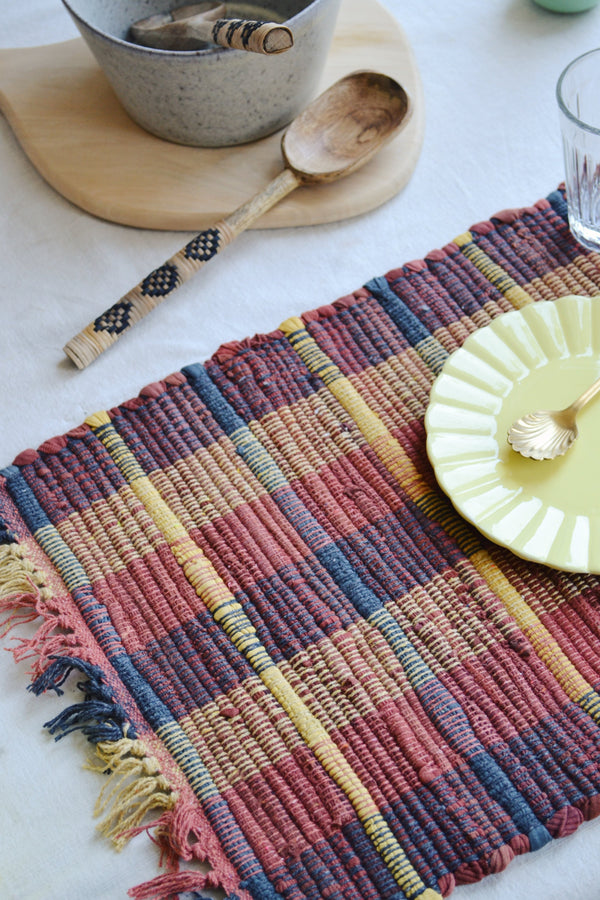 Handwoven Cotton Placemat - Burnt Orange, Mustard & Dark Grey