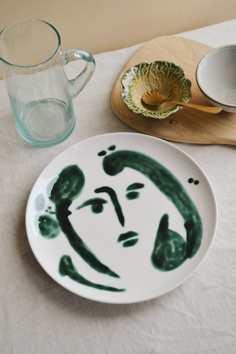 Urban Nature Culture Abstract Face Green Hand Painted Plate