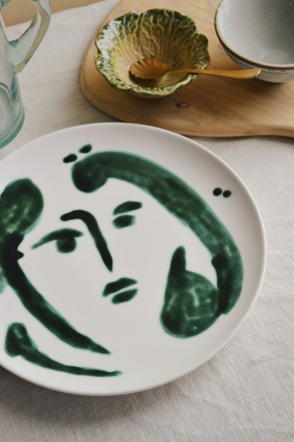 Abstract Face Green Hand Painted Plate