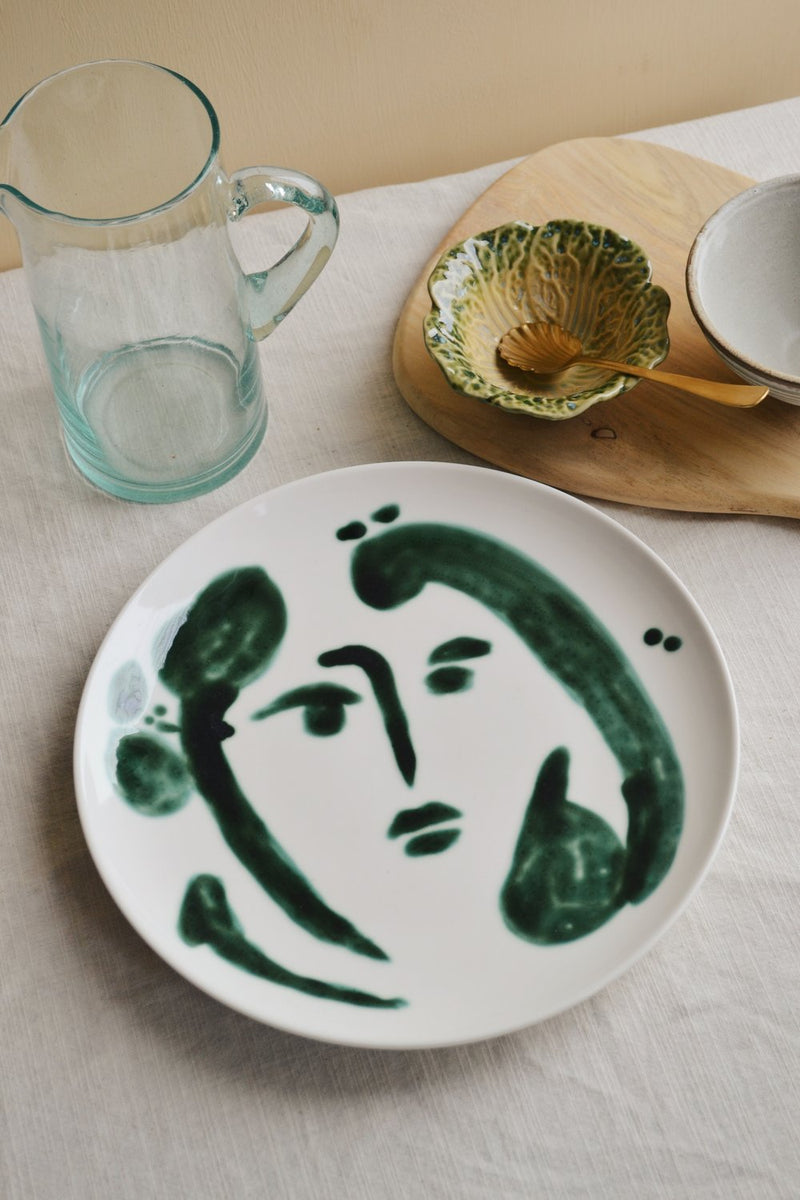 Abstract Face Green Hand Painted Plate