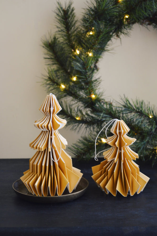 Set of Two Hand Folded Gold Tree Paper Decorations