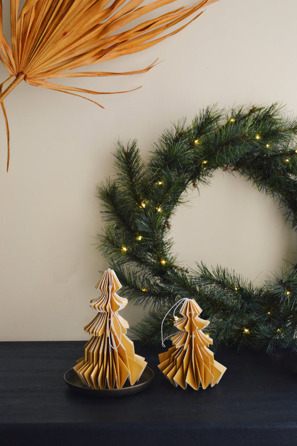 Set of Two Hand Folded Gold Tree Paper Decorations