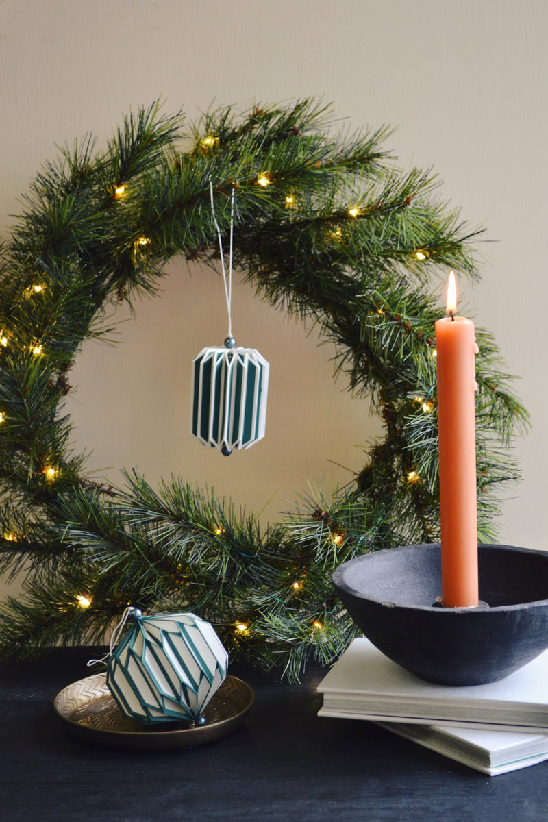 Set of Two Hand Folded Green / White Paper Decorations