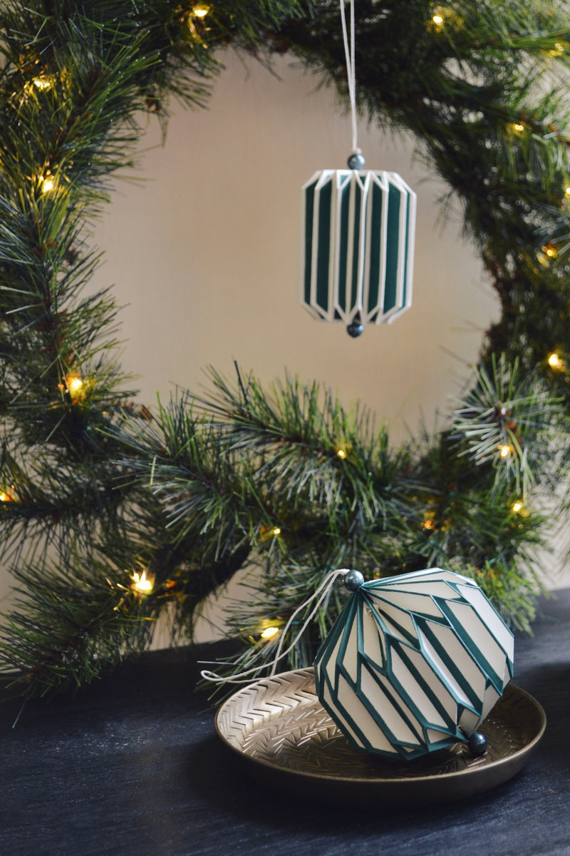 Set of Two Hand Folded Green / White Paper Decorations